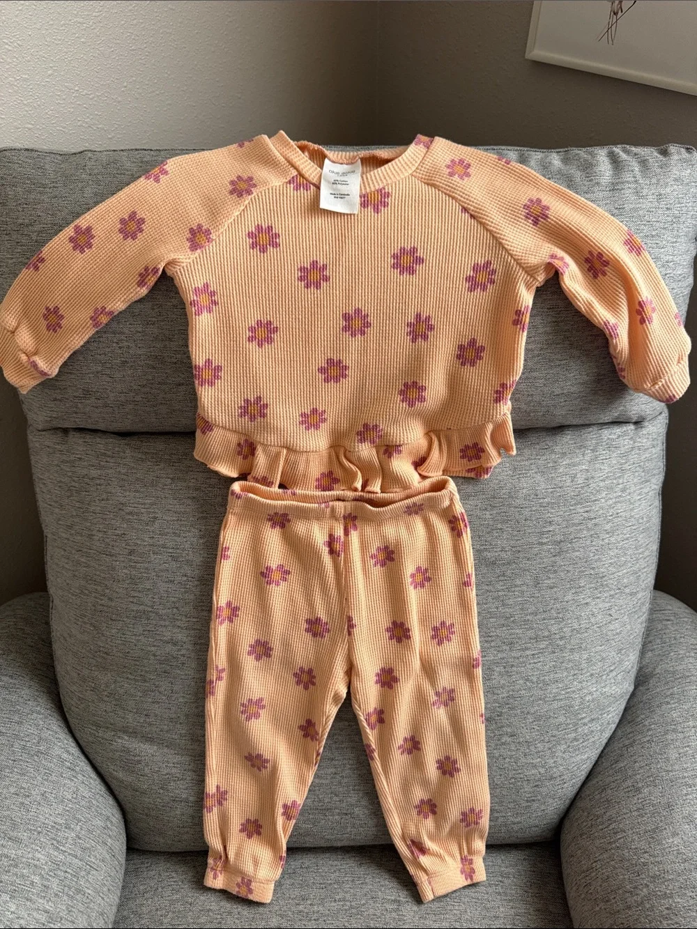 okie dokie Peach Floral Ruffled Hem Pajama Set with Pink Flowers